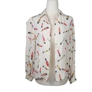 Vintage cream multicolor Japanese geisha print blouse top S